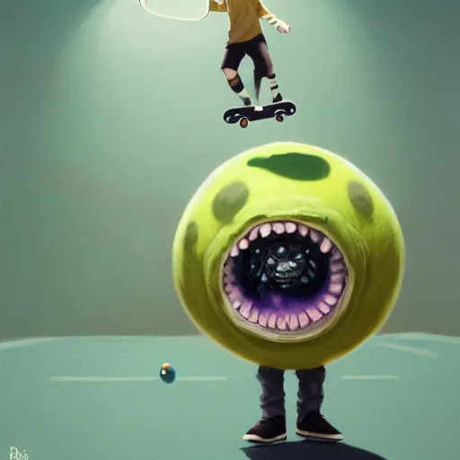 Image similar to highly detailed vfx portrait of a character of a skateboarding tennis ball monster, skateboard stephen bliss, chalk, unrealengine, greg rutkowski, loish, rhads, beeple, chalk, makoto shinkai and lois van baarle, ilya kuvshinov, rossdraws, tom bagshaw, basil gogos