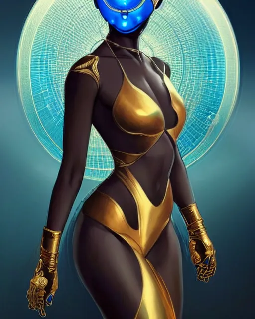 Image similar to Epic Poster of very very very very very very beautiful african woman, spacesuit, futuristic cybernetic helmet, blue eyes, real life skin, intricate, elegant, highly detailed, artstation, concept art, smooth, sharp focus, art by artgerm and greg rutkowski and alphonse mucha