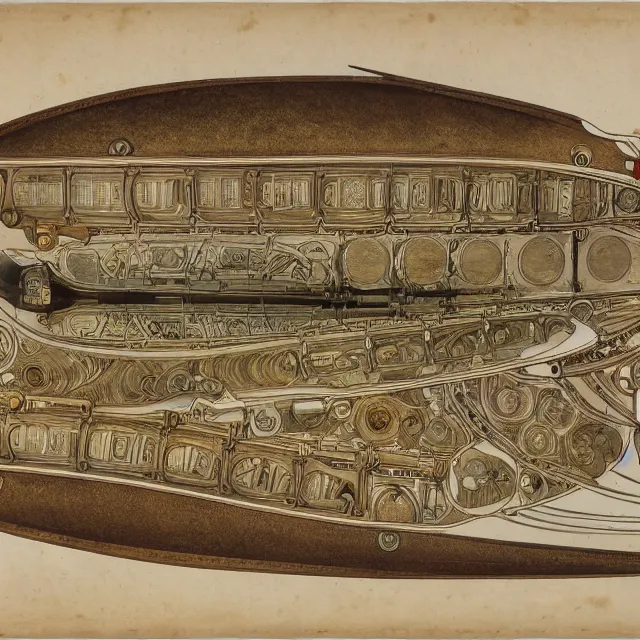 Image similar to detailed, intricate technical drawings on parchment from 1 8 4 0, with labels and notes, for a beautiful, symmetric, art deco submarine cutaway, by ron cobb and alphonse mucha