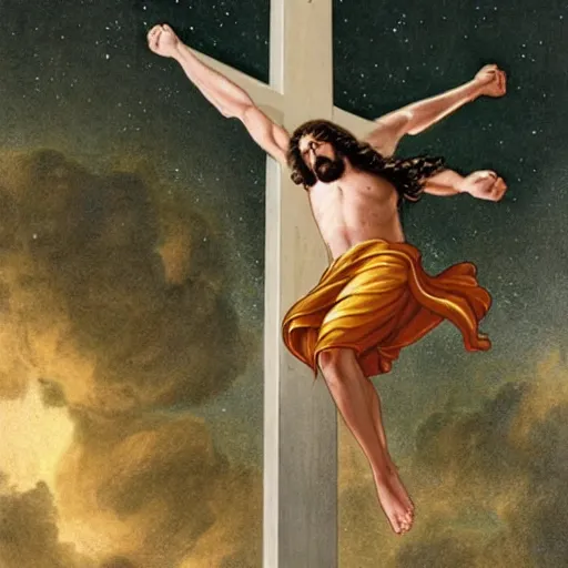 Prompt: jesus on a cross being launched into space