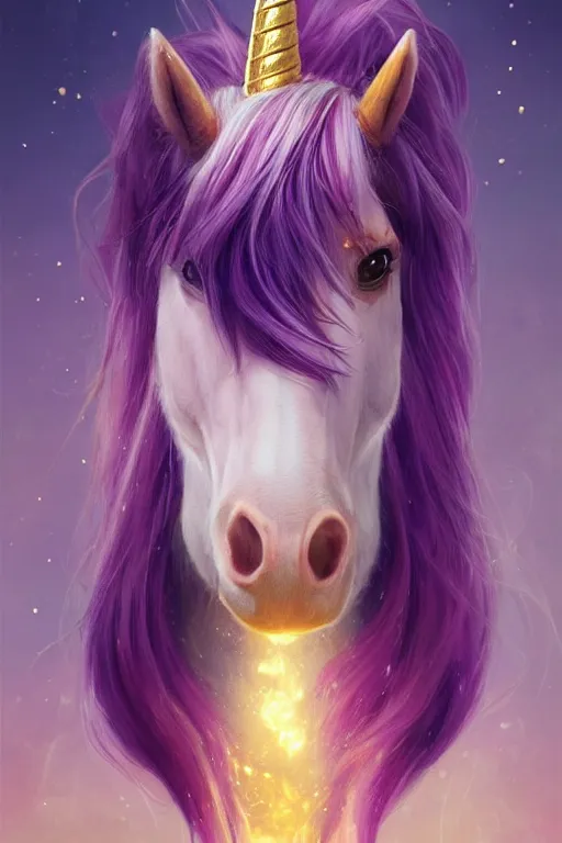 Image similar to beautiful Unicorn in gold and purple pink soft lighting, symmetrical portrait, high quality, cinematic by WLOP and Rossdraws, concept art of the character. Epic composition, hyperrealism, award-winning artwork, realistic hair, artstation trend, high quality printing, fine art with subtle redshift rendering