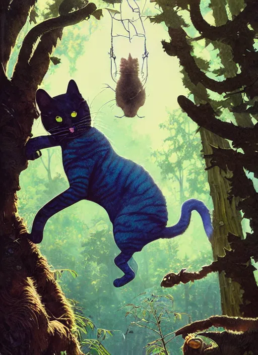 Image similar to a hyper realistic ink cat alien technology and sunbeams blue sky, lush forest foliage painting by chiara bautista and norman rockwell and greg rutkowski weta studio, and lucasfilm