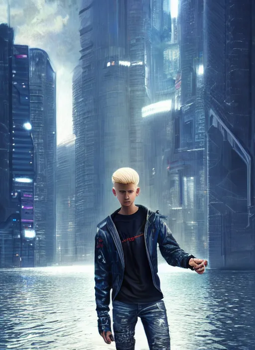 Prompt: photo of cyberpunk blonde male teenager walking on water in the style of stefan kostic, realistic, sharp focus, 8 k high definition, insanely detailed, intricate, elegant, art by stanley lau and artgerm