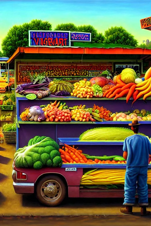 Image similar to a hyperrealistic painting of a roadside vegetable stand ran by mutant farmers. cinematic horror by jimmy alonzo, the art of skinner, chris cunningham, lisa frank, richard corben, highly detailed, vivid color,