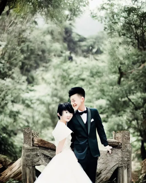 Image similar to justin sun wearing beautiful wedding dress, kawaii, professional wedding photography