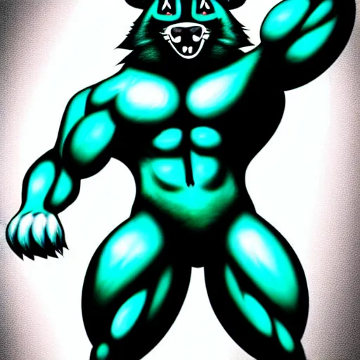 Image similar to anthropomorphic muscular teal raccoon, generic furry style, wearing jeans, deviant art, professional furry drawing, insanely detailed, artistic design, hyper detailed wolf - like face, doing a pose from jojo's bizarre adventure, detailed veiny muscles, exaggerated features, beautiful shading, dramatic lighting, jojo style