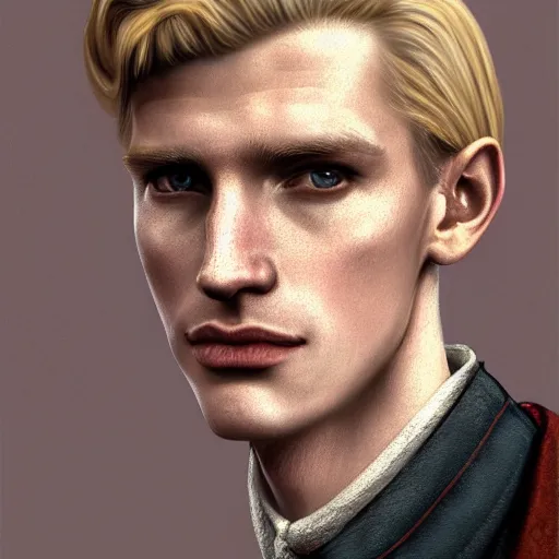 Image similar to A Crusader Kings II portrait of a blond young English man with high cheekbones. Good bone structure. Dressed in 1940s style. Highly detailed, fine Art, high detail, great lighting, 8k resolution, masterpiece, concept art, illustration, clear eyes, painting oil on canvas, octane render, HDR, trending on artstation, 4k, 8k, HD