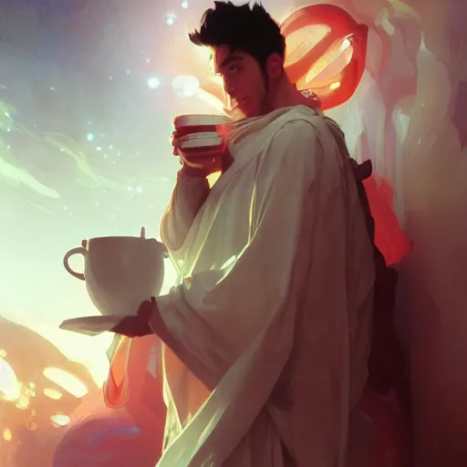 Image similar to A man drinking a cup of cosmic energy bright light, illustration by Ruan Jia and Mandy Jurgens and William-Adolphe Bouguereau, Artgerm, 4k, digital art, surreal, anime style, space dandy style, highly detailed, godsend, artstation, digital painting, concept art, smooth, sharp focus, illustration by Ruan Jia and Mandy Jurgens and William-Adolphe Bouguereau, Artgerm