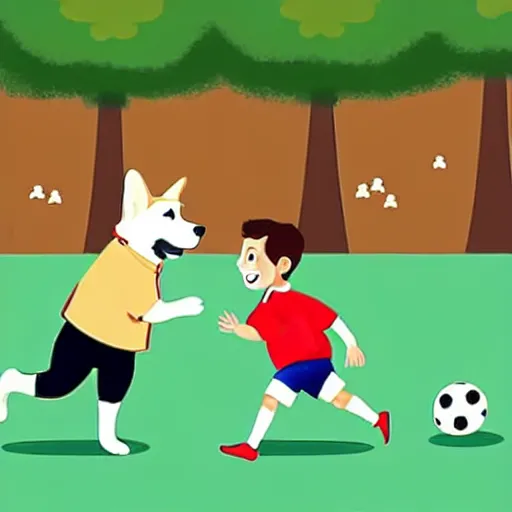 Image similar to illustration of french boy in paris playing football against a corgi who is wearing a polka dot scarf