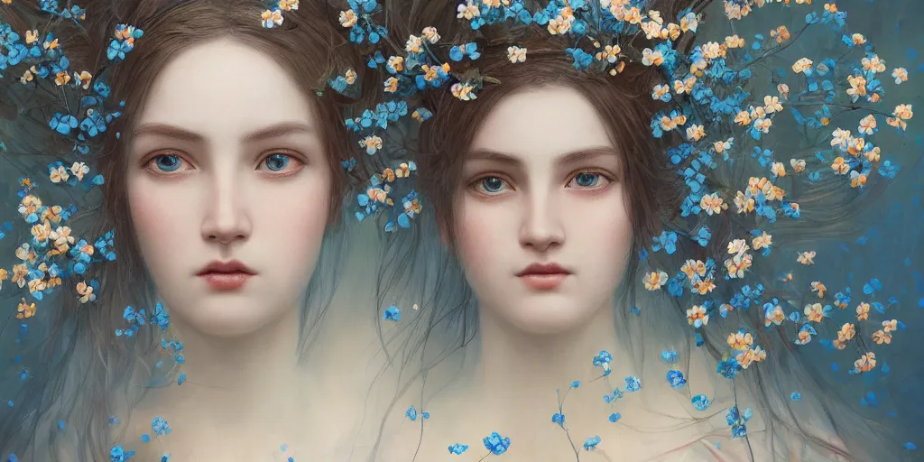 Prompt: breathtaking detailed concept art painting portrait of goddess of nemophila flowers, orthodox saint, with anxious piercing eyes, ornate background, amalgamation of leaves and flowers, by hsiao - ron cheng, extremely moody lighting, 8 k