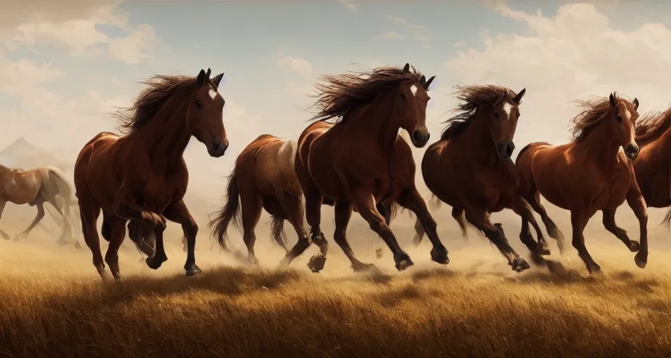 Prompt: a herd of wild horses galloping across a large open plain, greg rutkowski, artstation, illustration, wildlife, fantasy, horse, western, realistic, art by larry lin, hyper realism, cinema grade, 8 k, by jason felix