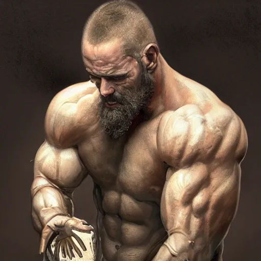 Prompt: Epic portrait, muscular man with basic clothes trying to open a jar of pickles, bald, bearded, scary, digital painting, artstation, concept art, soft light, hdri, smooth, sharp focus, illustration, fantasy, intricate, elegant, highly detailed, D&D, matte painting, in the style of Greg Rutkowski and Alphonse Mucha and artemisia, 8k,