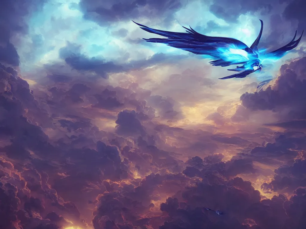 Image similar to a blue phoenix flying over McDonalds, digital painting, trending on artstation, deviantart, 8k, epic composition, intrinsic details, perfect coherence