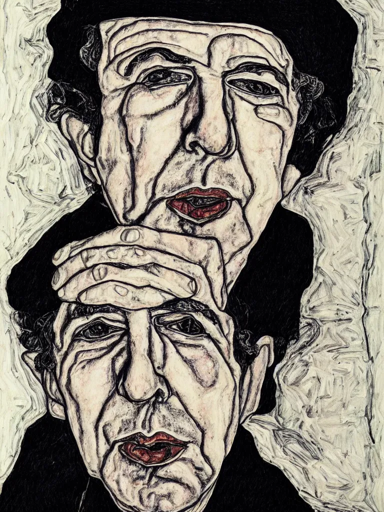Prompt: a detailed line art portrait of writer leonard cohen, inspired by the work of egon schiele.