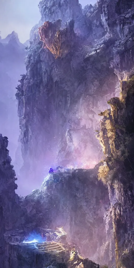 Image similar to Gorge in the mountain, white stone temple ruins, night dramatic lighting, blue and purple tones, wide camera angle, matte painting, trending on ArtStation, concept art, delightful surroundings, high detail