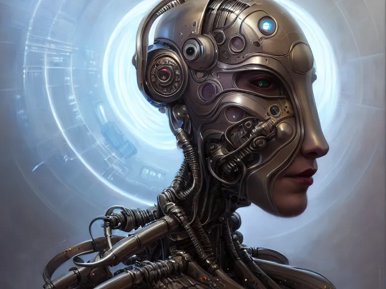 Image similar to portrait shot of a cyberpunk robot, intricate, elegant, highly detailed, centered, digital painting, artstation, concept art, smooth, sharp focus, illustration, artgerm, tomasz alen kopera, peter mohrbacher, donato giancola, joseph christian leyendecker, wlop, boris vallejo