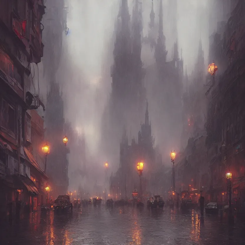 Image similar to polish city with rainy and moody cinematic lighting by darek zabrocki and greg ruthkowski, alphonse mucha, simon stalenhag and cinematic and atmospheric, concept art, artstation, trending on artstation