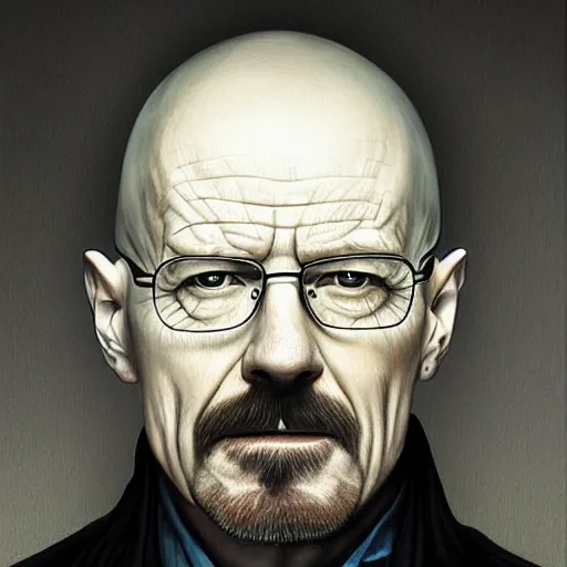 Image similar to walter white as a vampire, detailed digital art, painted by WLOP