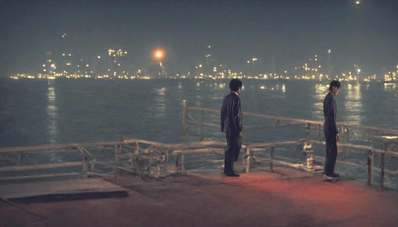 Image similar to 80s asian neon movie still with a lone man levitating over a pier by the river at night with city lights behind his back. Fallen angels movie still. hyperrealistic, photorealistic, high definition, medium format photography, highly detailed, tehnicolor, anamorphic 50mm lens