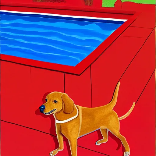 Prompt: close-up of a red dog in front of a pool, painting by david hockney, highly detailed