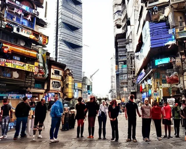 Image similar to a group of people standing in a busy cyberpunk city square, masterpiece!!