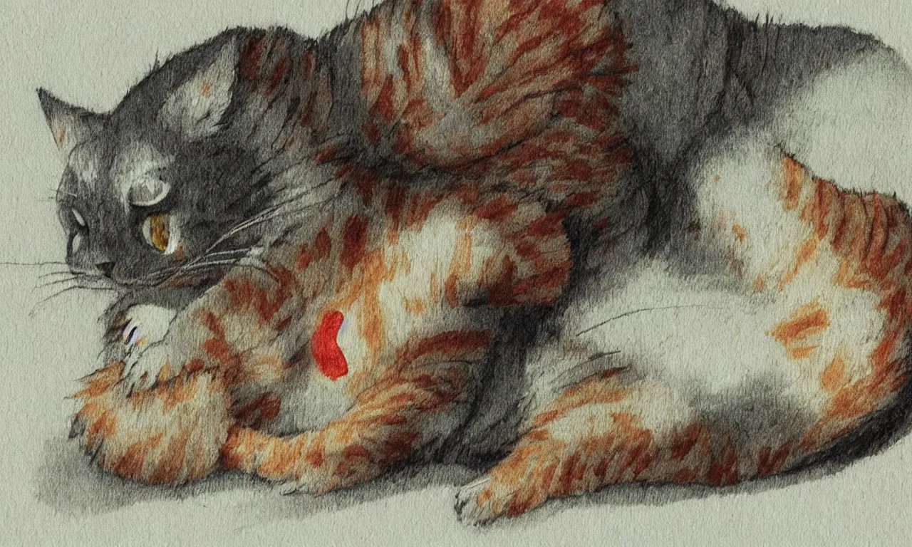 Image similar to Sleeping striped red tabby cat in my neighbor Totoro, concept art by Hayao Miyakaki, Studi Ghibli movie still, masterpiece, trending on ArtStation, masterpiede, stunning, beautiful, powerfull, award-winning