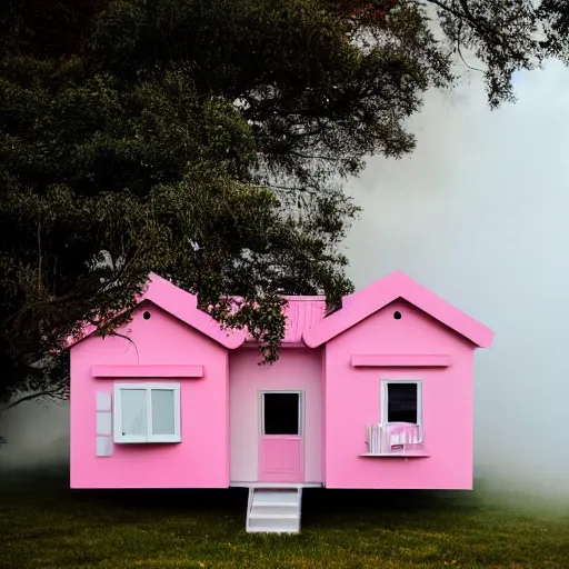 Image similar to dream a 5 0 mm lens photograph of a cute pink floating modern house, floating in the air between clouds, inspired by the movie up, held up from above by heart ballons. mist, playful composition canon, nikon, award winning, photo of the year