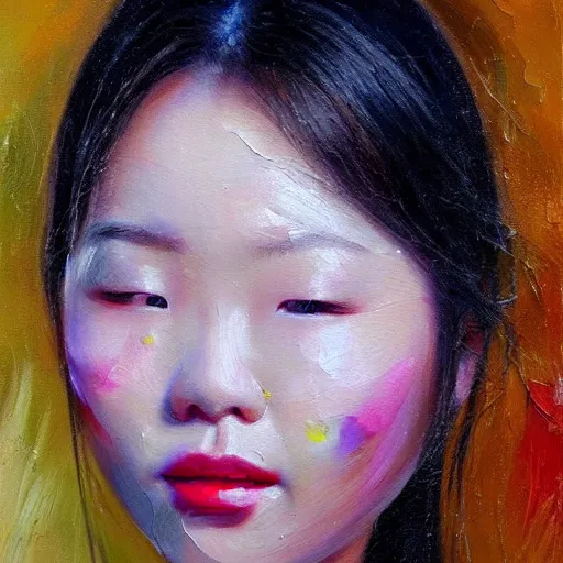 Image similar to beautiful highly detailed and expressive oil painting of a korean woman's face dissolving into petals, masterpiece, dynamic lighting, atmospheric