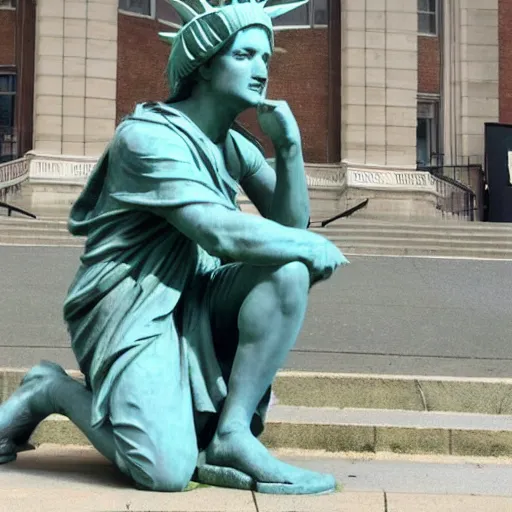 Image similar to liberty statue sitdown pose, real liberty, very convincing