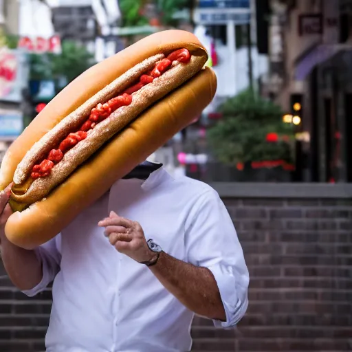 Prompt: tom hanks emerging from a giant hot dog, food photography, 8 5 mm f 1. 8