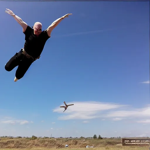 Image similar to A horizontal wide shot of ((Tom Pretty)) free falling from the sky, photorealistic, blue sky