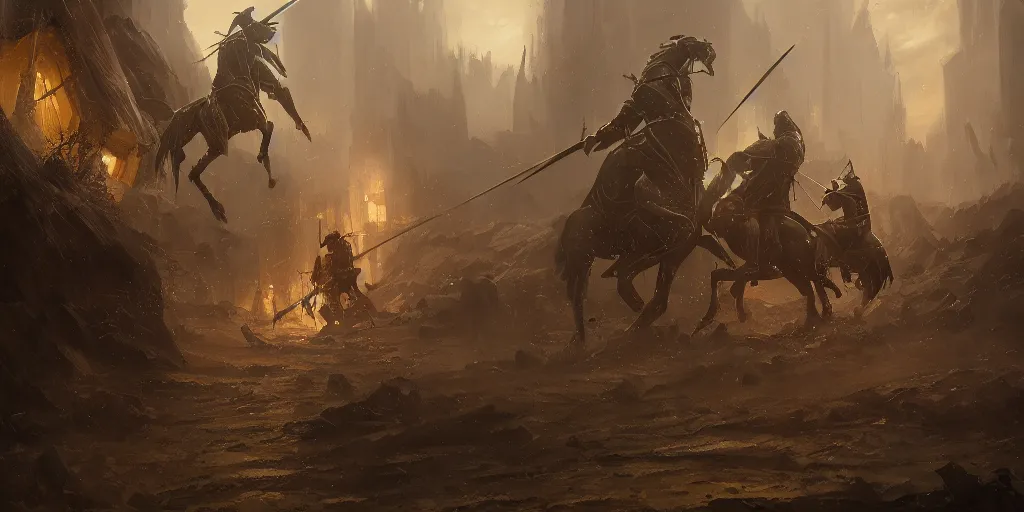 Prompt: a painting of a cinematic keyframe of two medieval knights fighting with swords at midnight by greg rutkowski, dark fantasy art, high detail, trending on artstation