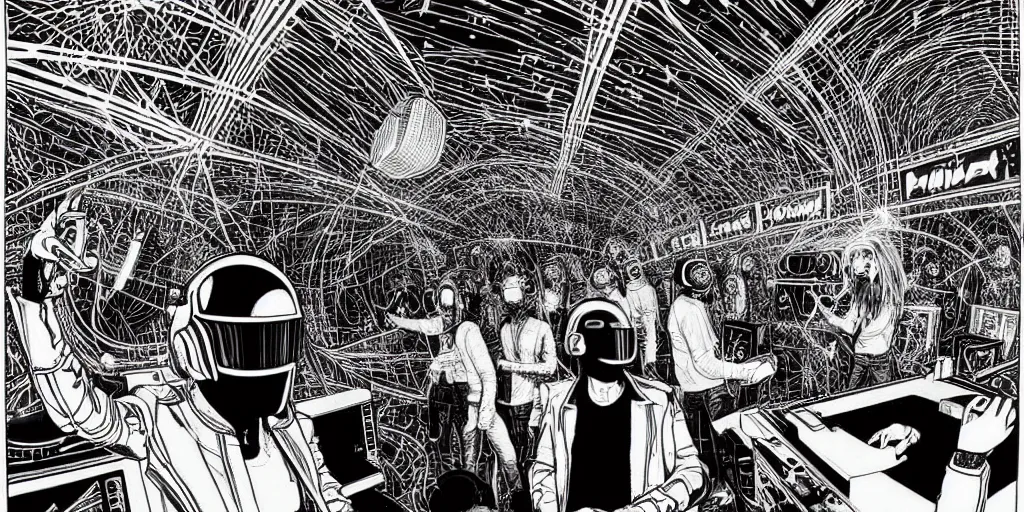 Image similar to intricate detailed artwork of Daft Punk using dj controller at an underground rave party in Ibiza, playing techno house music LOUD, thousands of beautiful girls in bikini dancing on the dancefloor, in the style of Moebius, wires, speakers, black and white ink, some ink drips