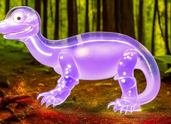 Prompt: photo of a translucent clear pixar 3 d style baby dinosaur with symmetrical head and eyes, smiling, made out of clear plastic, but has red hypercolor glowing electric energy inside its body, and electricity flowing around the body. in the forest. electric bubbles and electric red clear glass hearts, fantasy magic style. highly detailed. intricate design by pixar