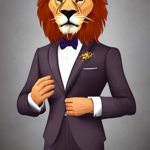 Image similar to a handsome anthropomorphic lion with short hair in an expensive suit, high quality digital art