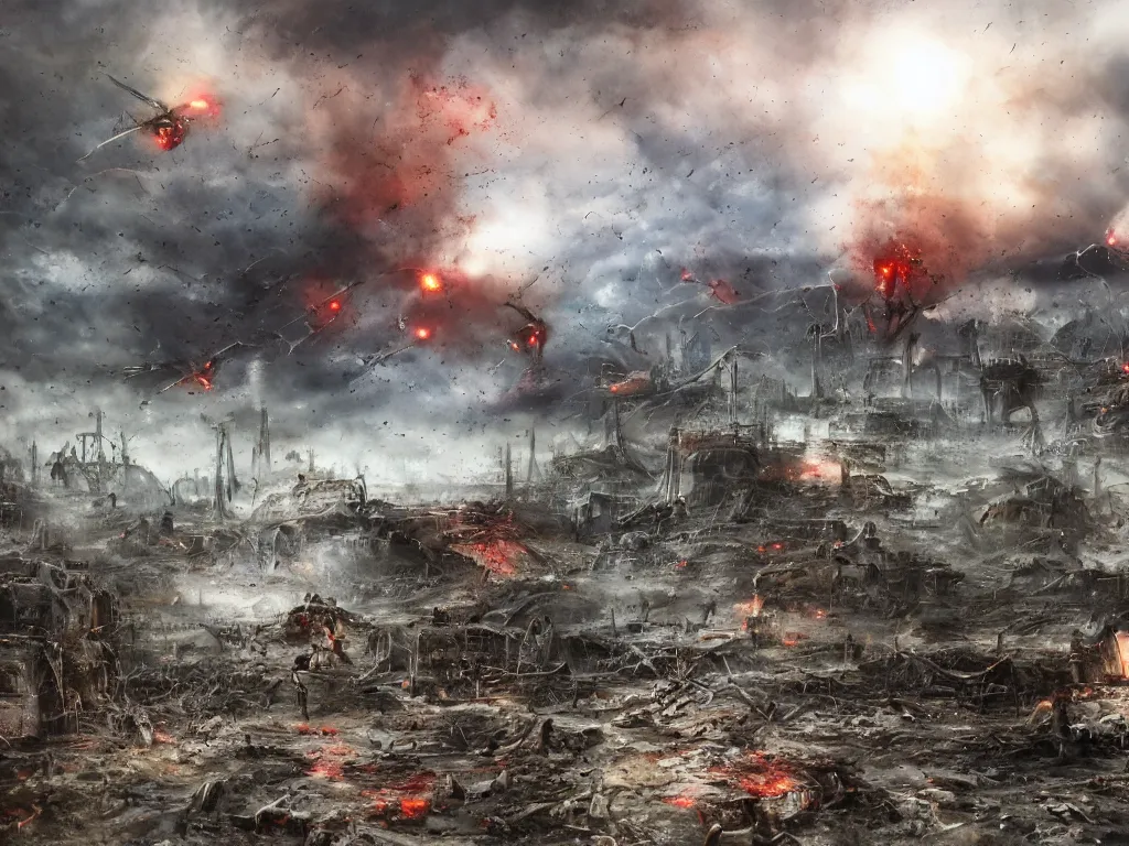 Image similar to landscape art of 8k ultra realistic war of the worlds walkers, destruction, full of colour, cinematic lighting, trending on artstation, 4k, hyperrealistic, focused, extreme details,unreal engine 5, cinematic, masterpiece, Edwardian, tripod, red weed, apocalyptic, demolition, heat ray, artillerymen, eve of war, dead london, invasion, art by Geoff Taylor