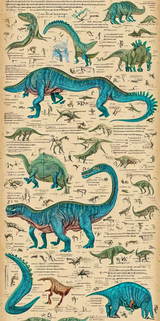 Image similar to anatomy of a dinosaur, diagrams, map, marginalia, sketchbook, old script, inhabited initials, pastel infographic by Wes Anderson and victo ngai