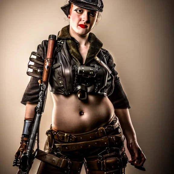 Image similar to full length photo of a very beautiful female dieselpunk warrior, 8 k, hdr, smooth, sharp focus, high resolution, award - winning photo