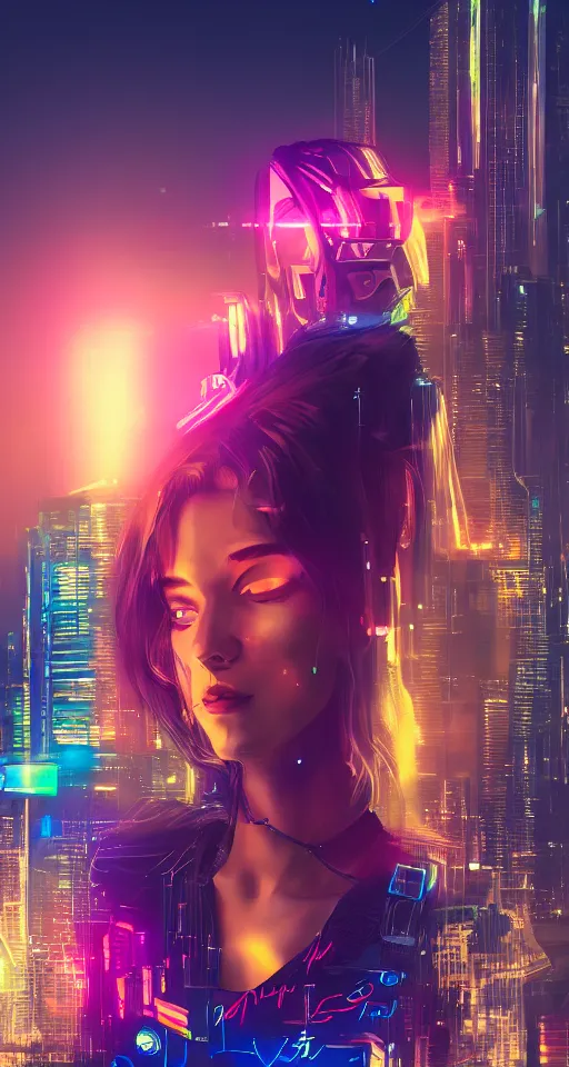 Image similar to Portrait of a beautiful cyberpunk women, trending on artstation, city skyline on background, neon lights, glow, sunset, crystal color, 4k