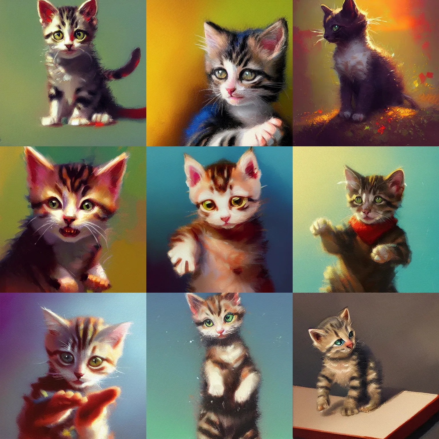 Prompt: kitten giving a thumbs up, cute, acrylic painting, highly detailed, saturated colors, by greg rutkowski and thomas kinkade trending on artstation