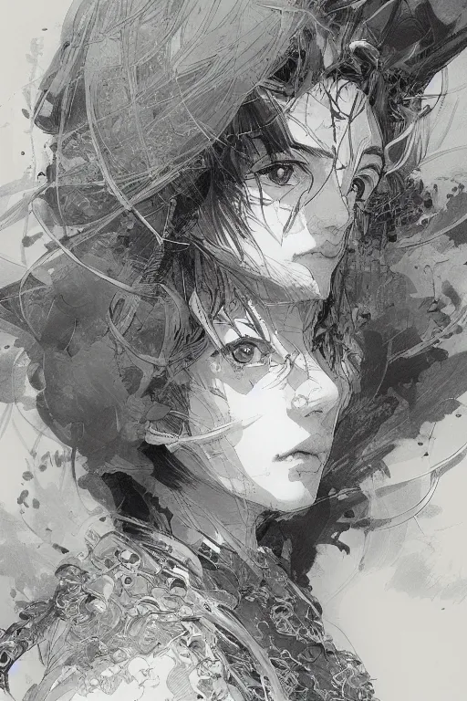 Prompt: portrait of anime woman, pen and ink, intricate line drawings, by craig mullins, ruan jia, kentaro miura, greg rutkowski