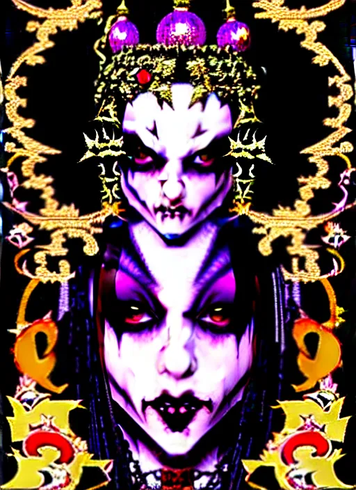 Image similar to baroque bedazzled gothic royalty frames surrounding a pixelsort emo demonic horrorcore japanese beautiful jester visual kei doll, low quality sharpened graphics, remastered chromatic aberration