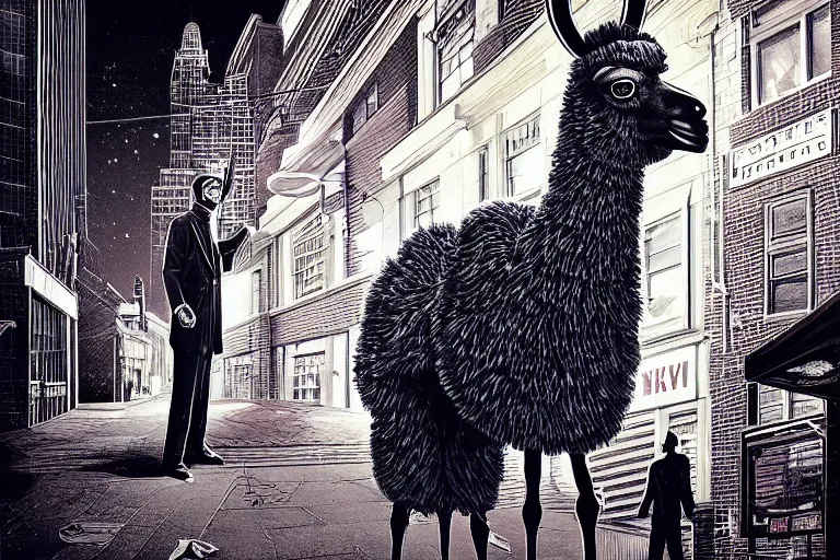 Prompt: a personified llama wearing a 1 9 4 0's noire detective outfit, standing in the streets of chicago at night looking at a crime scene, crime scene photography by moebius, junji ito, tristan eaton, victo ngai, artgerm, rhads, ross draws, hyperrealism, intricate detailed, risograph