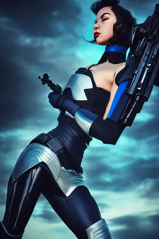 Image similar to a stunning picture of a beautiful young woman wearing futuristic deep black battle bodyarmor and legings with ombre navy blue teal hairstyle blowing in the wind shouldering a futuristic rifle by marvel comics, digital art, trending on artstation