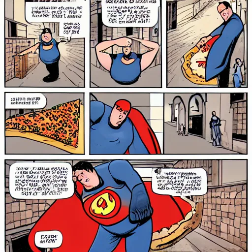 Image similar to graphic novel cover of super hero “Morbidly Obese Man” defeating a huge pizza.