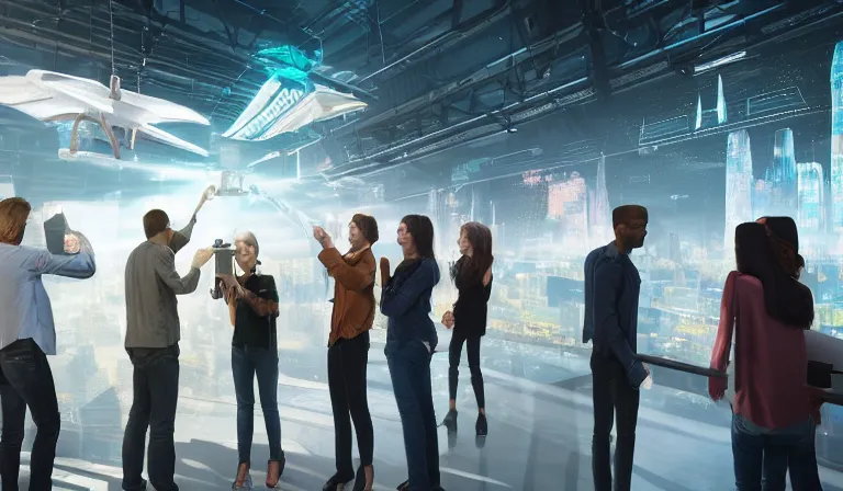 Image similar to group of people in humble warehouse, looking at hologram of futuristic city on a table, cinematic concept art, godrays, golden hour, natural sunlight, 4 k, clear details, tabletop model buildings, center model buildings, hologram center, crane shot, crane shot, crane shot