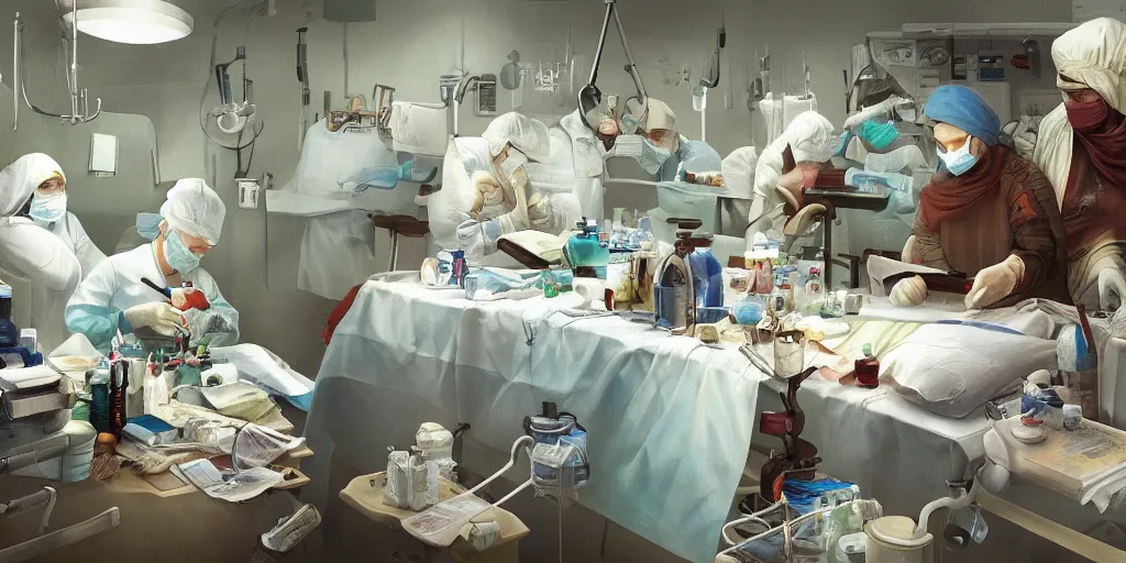 Prompt: an environmental concept art of a babushka surgeon in a cluttered surgery, surgical impliments, surgery table, highly detailed, cinematic, dramatic