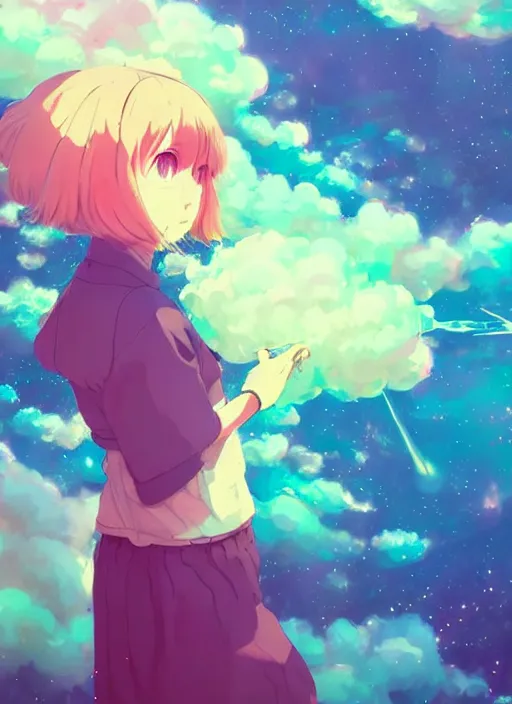 Image similar to portrait of a very cute girl blowing a vape cloud of psychedelic galaxies, illustration concept art anime key visual, very trippy and abstract, trending pixiv fanbox by wlop and greg rutkowski and makoto shinkai and studio ghibli and kyoto animation