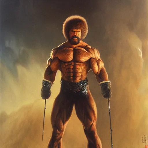 Prompt: bob ross dressed as a superhero, massive muscles, standing on rocky ground, angry expression, detailed facial features, lightning behind, dark background, action pose, holding a paintbrush, ultra - detailed, intricate, detailed shadows and textures, 8 k, action pose, art by beksinski