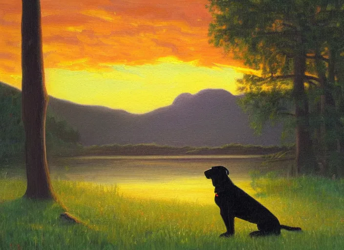 Prompt: Oil painting of a black Labrador outside at sunset in the style of Albert Bierstadt